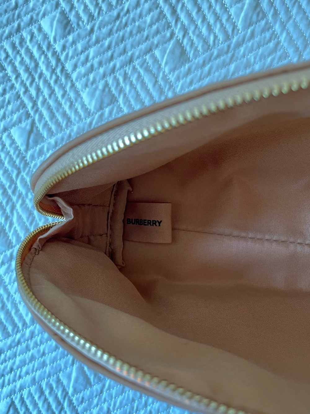 Burberry tan cosmetic pouch with gold tone zip-close and embossed BURBERRY logo - Picture 5 of 11